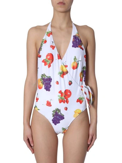 Shop Msgm V-neck Swimsuit With Fruit Print In White