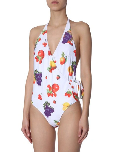 Shop Msgm V-neck Swimsuit With Fruit Print In White