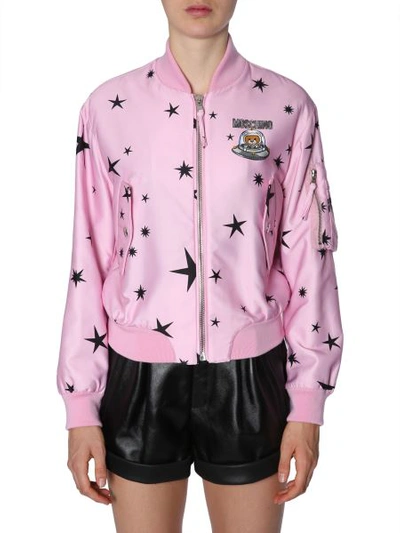 Shop Moschino Satin Bomber Jacket With Teddy Bear Print In Pink