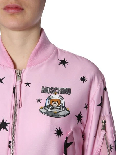 Shop Moschino Satin Bomber Jacket With Teddy Bear Print In Pink