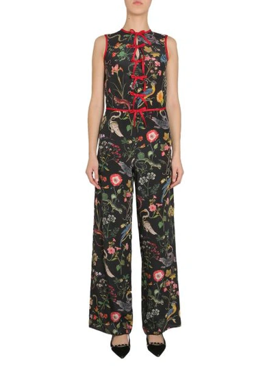 Shop Red Valentino Silk Sleeveless Jumpsuit With Fauna Print In Black