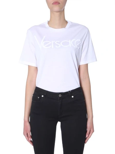 Shop Versace T-shirt With Embroidery Logo In White