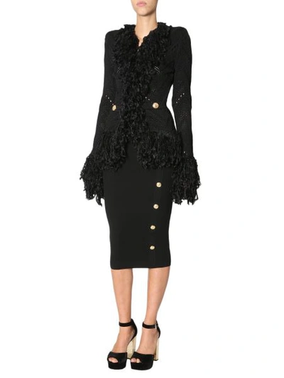 Shop Balmain Knitted Jacket With Fringes In Black