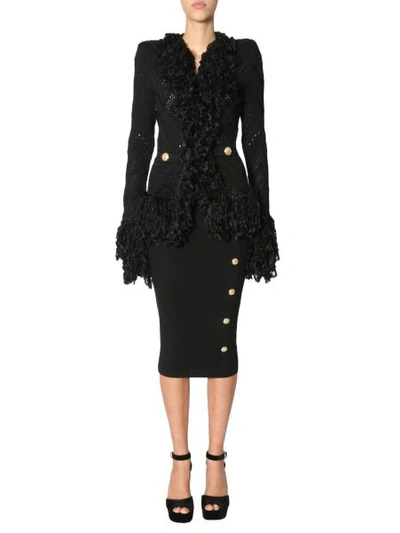 Shop Balmain Knitted Jacket With Fringes In Black