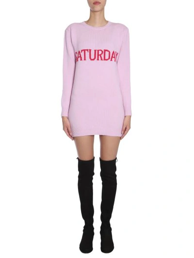 Shop Alberta Ferretti Knit Dress With "saturday" Intarsia In Pink