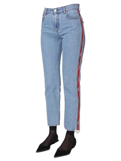 Shop Msgm Slim Fit Jeans With Logo Side Bands In Blue