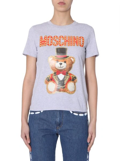 Shop Moschino Cotton Crew Neck T-shirt With Teddy Bear Circus Print In Grey