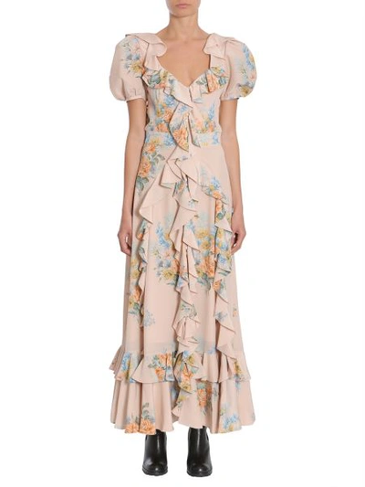 Alexander Mcqueen Alexander Mc Queen Floral Print Ruched Silk Dress In Beige