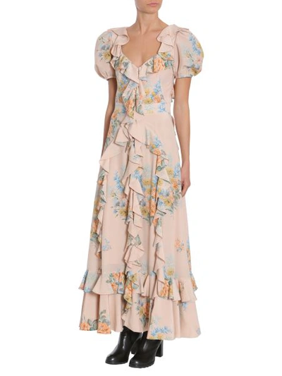 Alexander Mcqueen Alexander Mc Queen Floral Print Ruched Silk Dress In Beige