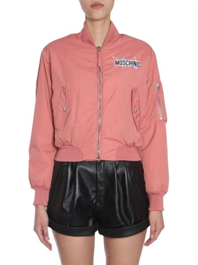 Shop Moschino Cropped Bomber Jacket With Back Teddy Bear Print And Pins In Pink