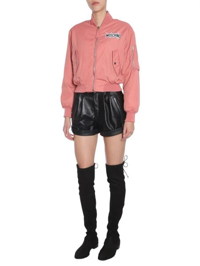 Shop Moschino Cropped Bomber Jacket With Back Teddy Bear Print And Pins In Pink