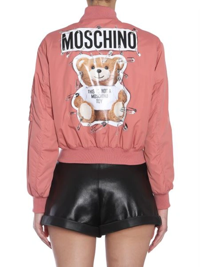 Shop Moschino Cropped Bomber Jacket With Back Teddy Bear Print And Pins In Pink