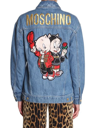 Shop Moschino Denim Jacket With Porky Pig Embroidery