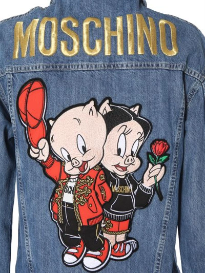 Shop Moschino Denim Jacket With Porky Pig Embroidery