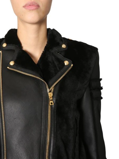 Shop Balmain Biker Suede Leather Jacket With Fur Inserts In Black