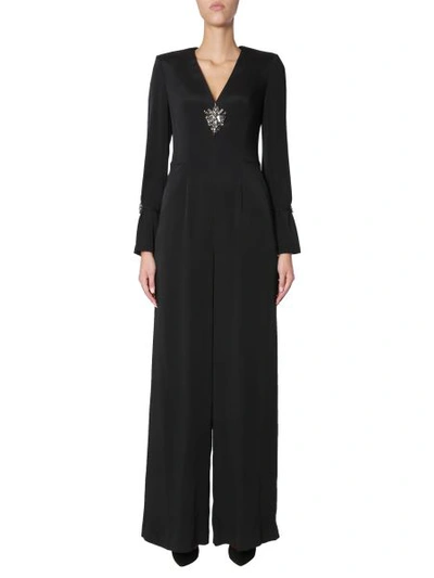 Shop Alberta Ferretti Jumpsuit In Crepe With Jewel Applications In Black