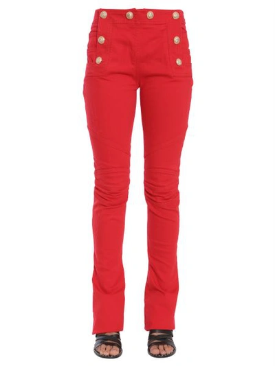 Shop Balmain Flare Biker Trousers In Red