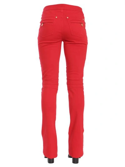 Shop Balmain Flare Biker Trousers In Red