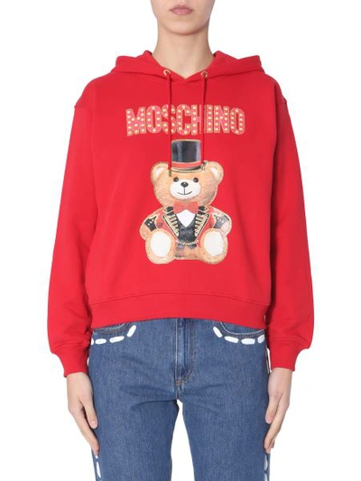 Shop Moschino Cotton Hooded Sweatshirt With Teddy Bear Circus Print In Red