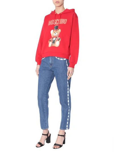 Shop Moschino Cotton Hooded Sweatshirt With Teddy Bear Circus Print In Red
