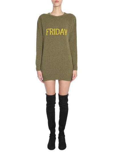 Shop Alberta Ferretti Knit Dress With "friday" Intarsia In Green