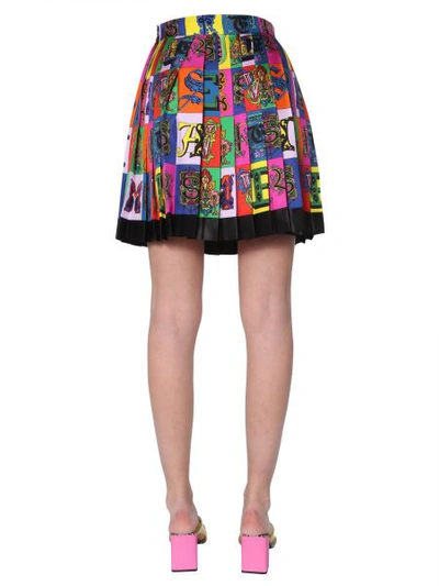 Shop Versace Silk Pleated Skirt With Logo Print In Multicolour