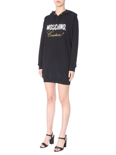 Shop Moschino Cotton Fleece Dress With Hood And Logo In Black