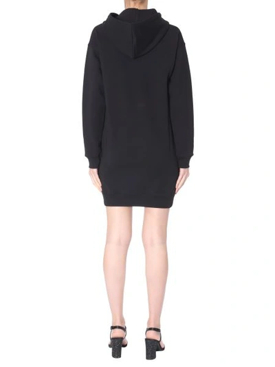 Shop Moschino Cotton Fleece Dress With Hood And Logo In Black