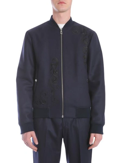 Shop Versace Wool Cloth Bomber Jacket In Blue
