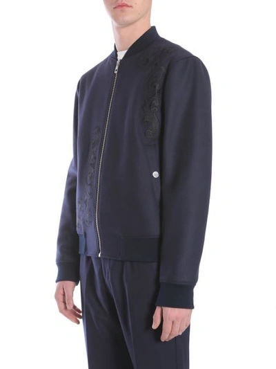 Shop Versace Wool Cloth Bomber Jacket In Blue