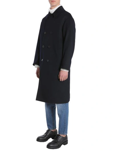Shop Mackintosh Double-breasted Coat In Blue