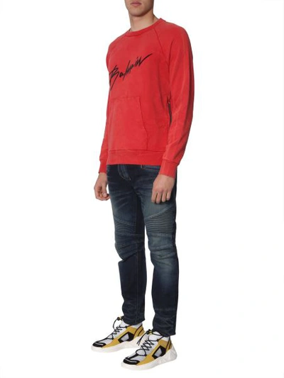 Shop Balmain Sweatshirt With Metallic Effect Logo In Red