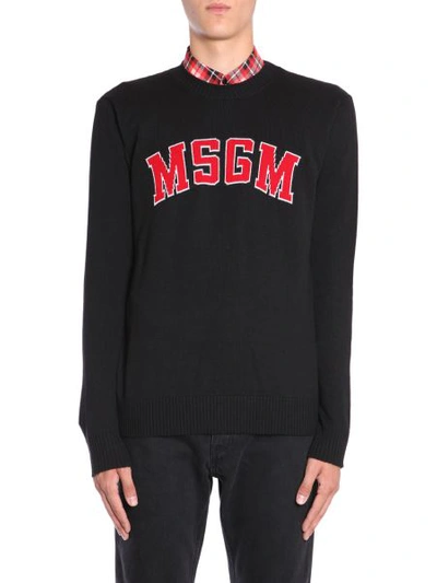 Shop Msgm Jumper With Logo Intarsia In Black