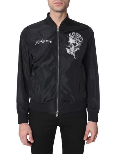 Shop Alexander Mcqueen Skull And Rose Printed Bomber Jacket In Black