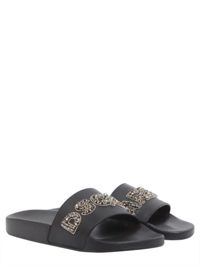 Shop Dsquared2 Slide Sandals With Embellished Logo In Black