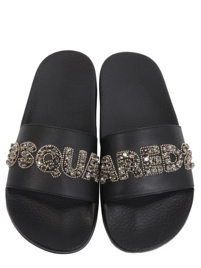 Shop Dsquared2 Slide Sandals With Embellished Logo In Black