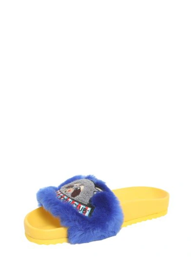 Shop Mira Mikati Eco Pelliccia Sliders With Patch In Blue