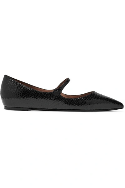 Shop Tabitha Simmons Hermione Glossed Snake-effect Leather Point-toe Flats In Black