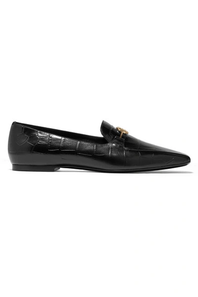 Shop Burberry Logo-embellished Glossed Croc-effect Leather Loafers