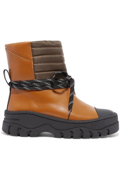 Shop Ganni Quilted Shell And Rubber-trimmed Leather Ankle Boots In Tan