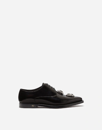 Shop Dolce & Gabbana Polished Calfskin Derby With Bejeweled Embroidery In Black