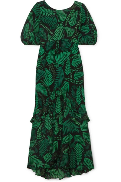 Shop Rixo London Cheryl Ruffled Printed Silk Crepe De Chine Midi Dress In Green