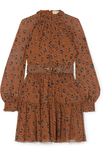 Shop Nicholas Belted Ruffled Leopard-print Silk-chiffon Mini Dress In Brown