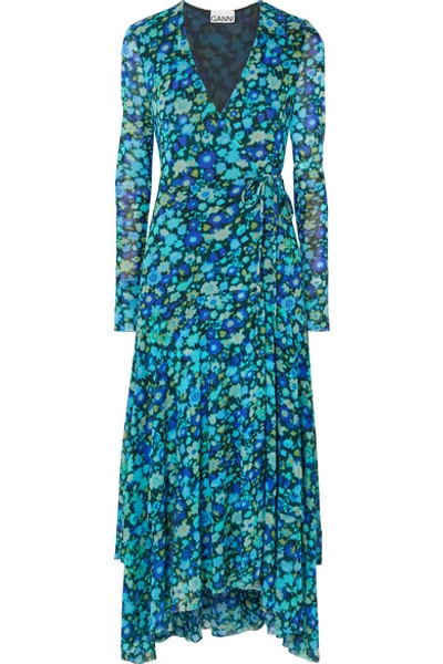 Shop Ganni Floral-print Stretch-mesh Wrap Midi Dress In Blue