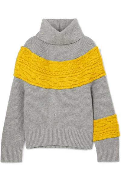 Shop Sacai Cable Knit-paneled Wool-blend Turtleneck Sweater In Gray
