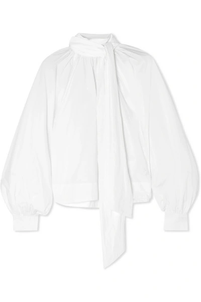Shop Ganni Tie-detailed Cotton-poplin Blouse In White