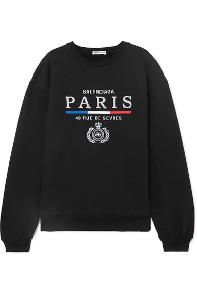 Shop Balenciaga Embroidered Cotton-jersey Sweatshirt In Black