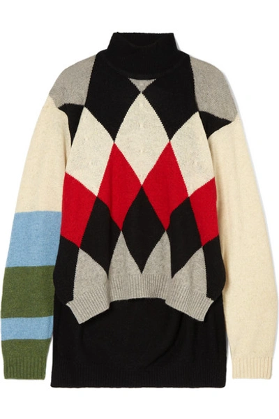 Shop Preen By Thornton Bregazzi Ingrid Argyle Wool-blend Turtleneck Sweater In Black