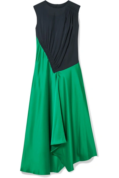 Shop Cedric Charlier Asymmetric Paneled Crepe And Satin Midi Dress In Green