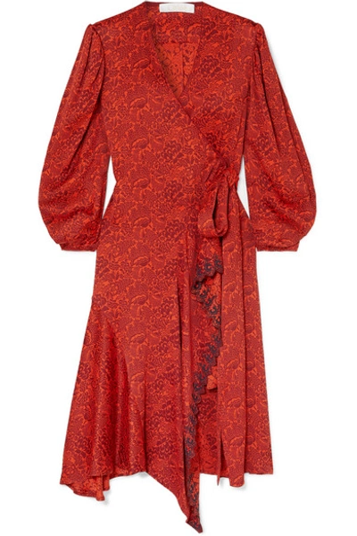 Shop Chloé Asymmetric Embroidered Floral-jacquard Wrap Dress In Red